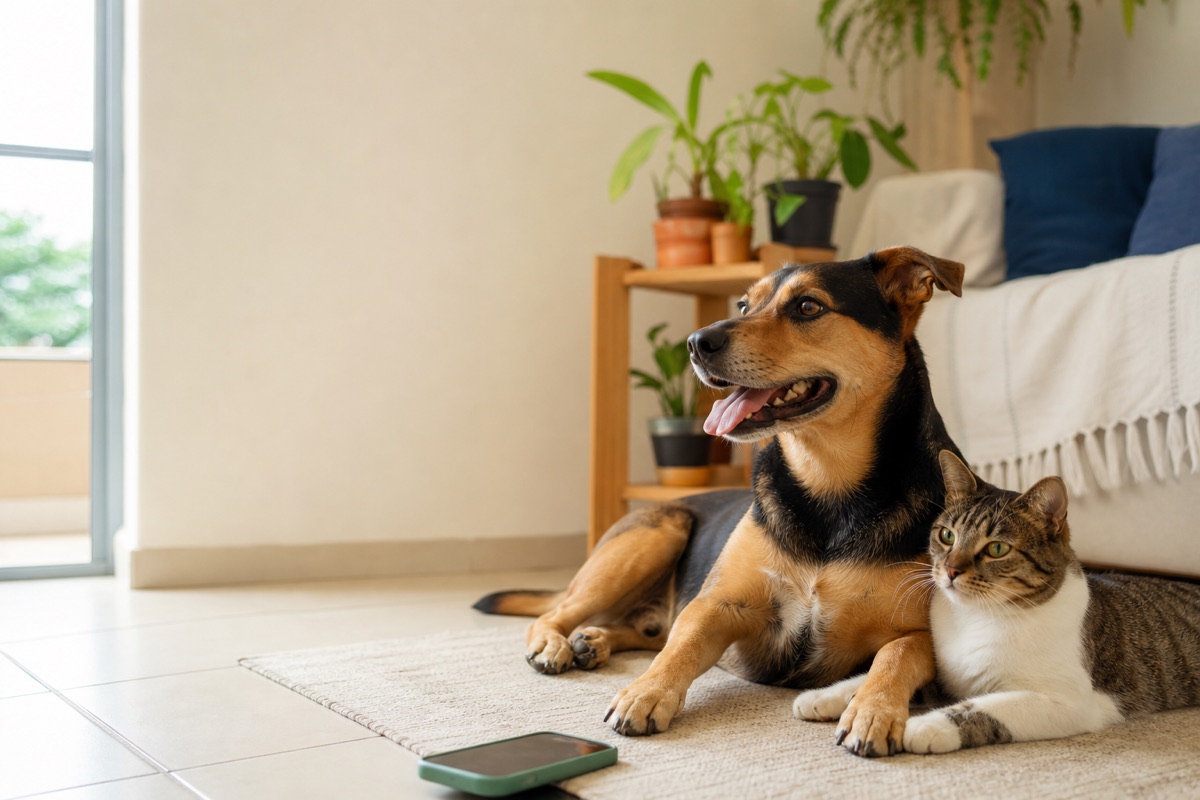 Cão e gato em uma sala clara